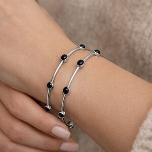 Julie Vos silver bangle set of 2 medium black stone boho stacking bracelet